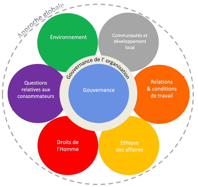 Approche gloabale - Environnement - Comunautés et développement local - Relations et conditions de travail - Ethique des affaires - Droits de l'Homme - Questions relatives aux consommateurs - Gouvernance de l'organisation - Gouvernance