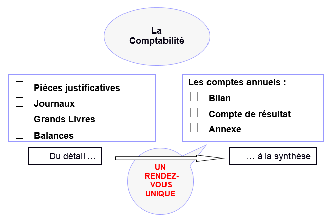 Du détail à la synthèse - La Comptabilité : Pièces justificatives, Journaux, Grands Livres, Balances - Les comptes annuels : Bilan, Compte de résultat, Annexe - un rendez-vous unique