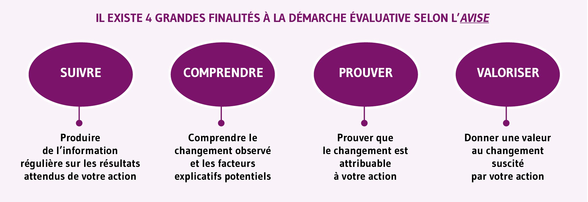 Il existe 4 grandes finalités à la démarche évaluative selon l'AVISE, Suivre : Produire de l'information régulière sur les résultats attendus de votre action - Comprendre : Comprendre le changement observé et les facteurs explicatifs potentiels - Prouver : Prouver que le changement est attribuable à votre action - Valoriser : Donner une valeur au changement suscité par votre action